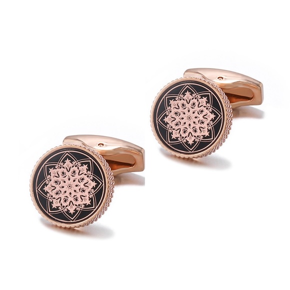 Elegant Laser Cut Floral Black and Rose Gold Round Cufflinks - Picture 1 of 16